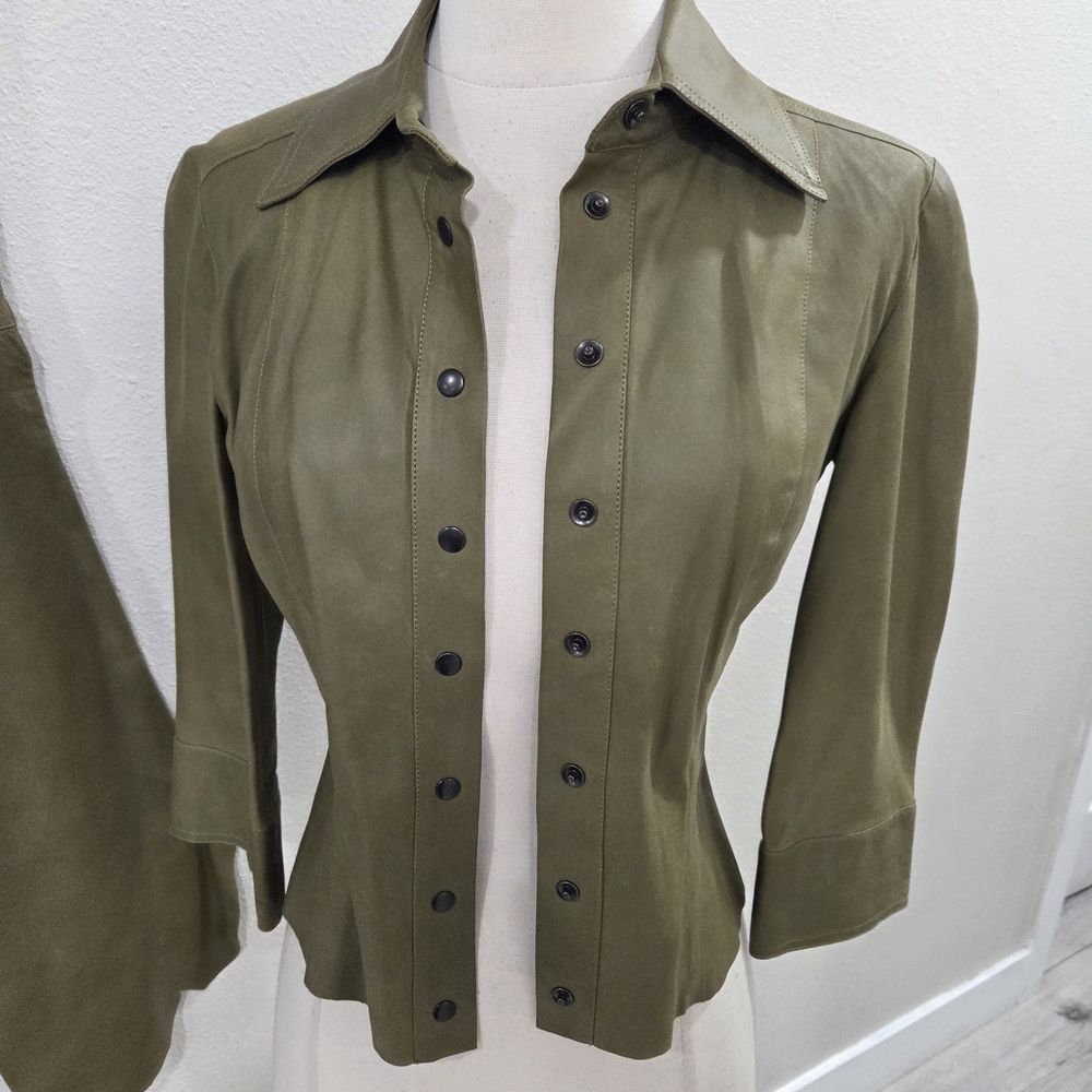 Rare Plein Sud Leather Olive Green  Button-Up Pant Set - Picture 2 of 16